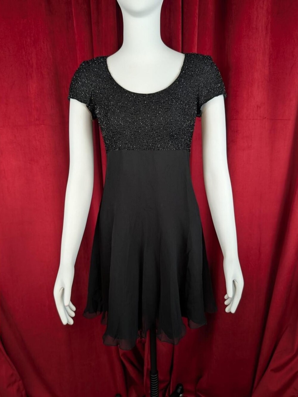 Vintage 90's Bieff Basix Black 100% Silk Beaded Empire Waist Chiffon Dress
